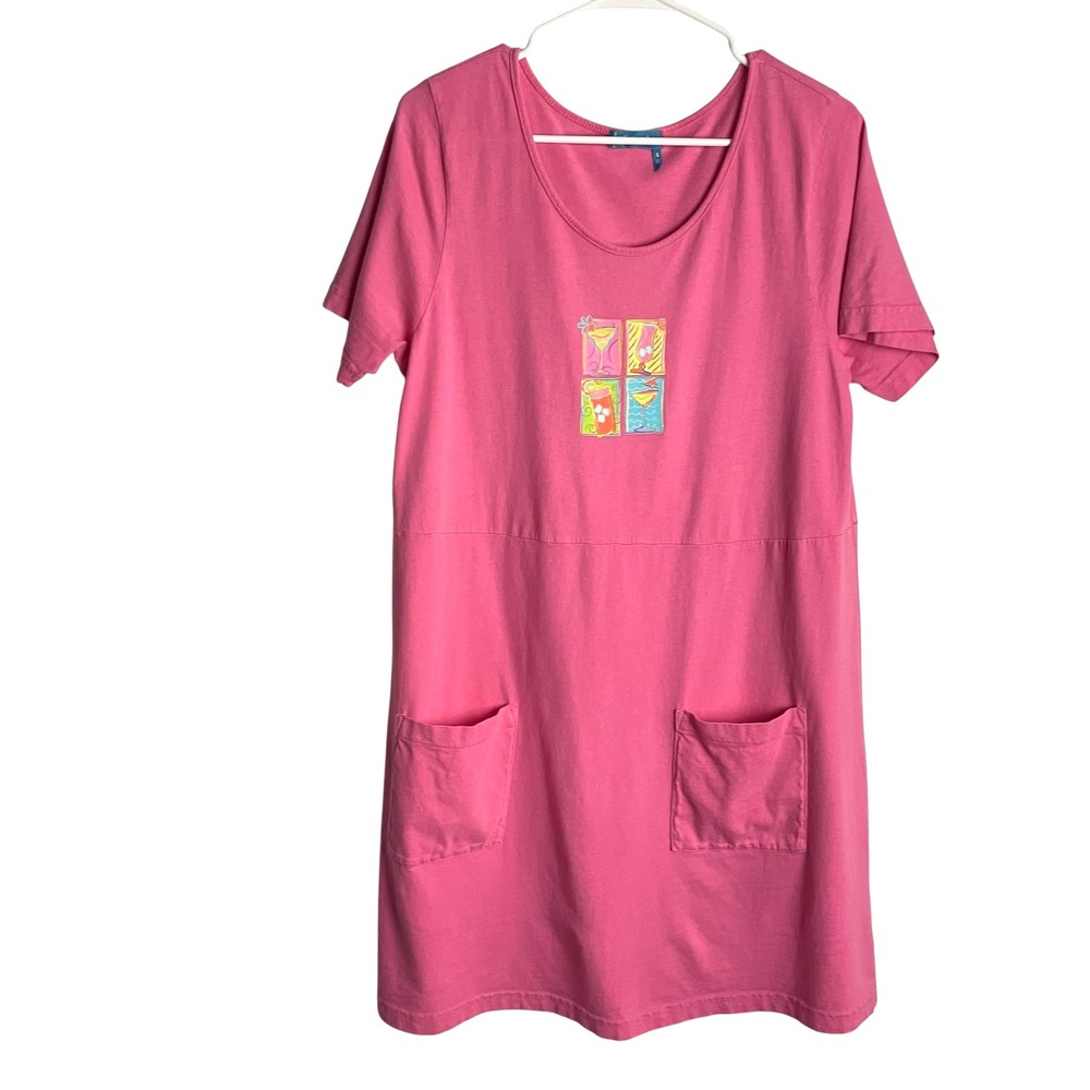 Fresh Produce Womens Cocktail Graphic Pocket Dress Size L Pink Short Sleeve Midi